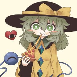 Rule 34 | black hat, breasts, bright pupils, buttons, diamond (shape), diamond button, eating, fang, fang out, food, green eyes, green hair, hat, heart, highres, holding, holding food, holding pizza, komeiji koishi, long sleeves, medium hair, pizza, pizza slice, ribbon, shirt, simple background, sleeves past wrists, small breasts, third eye, touhou, white pupils, yellow ribbon, yellow shirt, zunusama