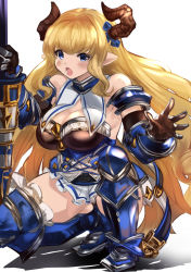 Rule 34 | 1girl, armored boots, blonde hair, blue eyes, boots, breasts, cleavage, draph, gluteal fold, granblue fantasy, horns, lance, large breasts, maou (maoudaisukiya), meme, neta, open mouth, planted, pointy ears, polearm, razia, solo, squatting, thighhighs, thighs, weapon, white background