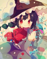 Rule 34 | 1girl, ajirogasa, bare tree, black hair, blush, braid, buttons, capelet, dress, eyes visible through hair, grey dress, hat, long sleeves, looking at viewer, mina (sio0616), outdoors, own hands together, red eyes, red ribbon, ribbon, smile, snow, solo, sparkle, touhou, tree, twin braids, yatadera narumi