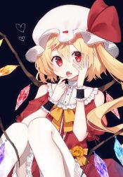 Rule 34 | 1girl, adapted costume, black background, blonde hair, blush, crystal, dress, fang, flandre scarlet, hair between eyes, hat, heart, highres, katsuobushi (eba games), long hair, mob cap, one side up, open mouth, red dress, red eyes, short sleeves, simple background, skin fang, solo, touhou, white hat, wings, wrist cuffs