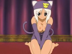 Rule 34 | 00s, 1girl, animal ears, bare shoulders, barefoot, breast press, breasts, breasts squeezed together, brown eyes, cat ears, cat tail, dark-skinned female, dark skin, elbow gloves, gloves, hat, kneeling, little monica monogatari, looking at viewer, meow (little monica monogatari), nipples, pink hair, short hair, smile, tagme, tail, thighs, third-party edit, topless