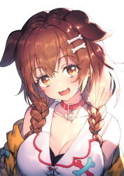 Rule 34 | 1girl, animal ears, blush, bone hair ornament, braid, breasts, brown eyes, brown hair, cleavage, collar, collarbone, dog ears, dog girl, fang, hair between eyes, hair ornament, hololive, inugami korone, inugami korone (1st costume), jacket, large breasts, long hair, looking at viewer, low twin braids, off shoulder, open mouth, red collar, redcomet, simple background, smile, solo, twin braids, upper body, virtual youtuber, white background