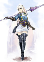Rule 34 | 1girl, warrior of light (ff14), blonde hair, blue jacket, boots, brown gloves, buttons, character request, crossed legs, double-breasted, final fantasy, final fantasy xiv, gloves, green eyes, hairband, holding, holding weapon, ishii hisao, jacket, knee boots, lance, crossed legs, armored boots, polearm, skirt, smile, solo, standing, watson cross, weapon, white skirt