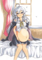 Rule 34 | absurdres, ahoge, ajikeneko, bare shoulders, black cape, blouse, blue eyes, bow, bowtie, braid, cape, closed mouth, curtains, elaina (majo no tabitabi), falling petals, frilled skirt, frills, hand on own stomach, highres, long hair, majo no tabitabi, navel, on bed, petals, pregnant, shirt, sitting, skirt, smile, traditional media, white hair, white shirt, window, yellow bow, yellow bowtie