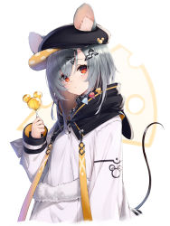 Rule 34 | 1girl, animal ear fluff, animal ears, black hat, cabbie hat, candy, chabaneko, closed mouth, commentary request, cropped torso, ears through headwear, food, grey hair, hair between eyes, hair ornament, hand up, hat, highres, holding, holding candy, holding food, holding lollipop, jacket, lollipop, long hair, long sleeves, mouse ears, mouse girl, mouse tail, original, polka dot, red eyes, solo, tail, tail raised, upper body, white background, white jacket