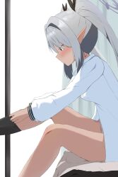 Rule 34 | 1girl, black ribbon, black socks, blue archive, blush, breasts, closed mouth, commentary, curtains, dressing, feet out of frame, from side, grey hair, hair intakes, hair ribbon, halo, highres, indoors, iori (blue archive), long hair, long sleeves, medium breasts, mintchoco (minchothudong), no pants, on bed, pointy ears, profile, red eyes, ribbon, shirt, sitting, socks, solo, twintails, white shirt, window