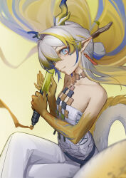 Rule 34 | 1girl, absurdres, arknights, bare shoulders, blonde hair, blue hair, breasts, commentary, crossed legs, grey hair, hair intakes, head tilt, highres, holding, horns, jewelry, looking at viewer, multicolored hair, necklace, pants, piao miao, pointy ears, shu (arknights), sitting, small breasts, smile, solo, strapless, streaked hair, tail, tube top, white pants