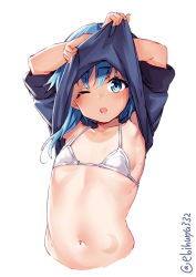 Rule 34 | 1girl, bare shoulders, bikini, blue eyes, blue hair, blush, collarbone, crescent, ebifurya, flat chest, hair between eyes, highres, kantai collection, looking at viewer, micro bikini, minazuki (kancolle), navel, one-piece tan, one eye closed, open mouth, short hair, simple background, solo, swimsuit, tan, tanline, twitter username, undressing, upper body, white background