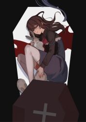 Rule 34 | 1girl, 7wata himori, black background, black shirt, blood, blue dress, brown hair, coffin, collared shirt, dead animal, dress, fate/prototype, fate (series), from above, half-closed eyes, highres, looking at viewer, lying, medium hair, on side, rabbit, red eyes, reiroukan misaya, shirt, simple background, solo, thighhighs, white thighhighs