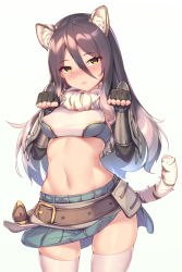 Rule 34 | 1girl, absurdres, animal ear fluff, animal ears, bandeau, belt, black gloves, black hair, blush, breasts, brown belt, capelet, elbow gloves, fingerless gloves, fur capelet, gauntlets, gloves, gradient hair, grey hair, hair between eyes, highres, long hair, looking at viewer, medium breasts, miniskirt, multicolored hair, open mouth, paw pose, princess connect!, sgt-jz, shiori (princess connect!), simple background, skirt, tail, thighhighs, thighs, tiger ears, tiger girl, tiger tail, white background, white thighhighs, yellow eyes