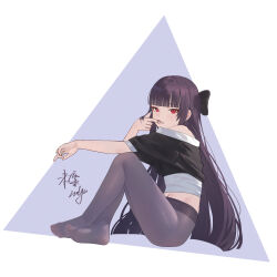 Rule 34 | 1girl, absurdres, black hair, black pantyhose, blue background, blunt bangs, chun&#039;ai zhanshen milili, commentary request, feet, finger in own mouth, from side, genshin impact, highres, legs, long hair, looking at viewer, looking to the side, lower teeth only, no shoes, open mouth, pantyhose, red eyes, sitting, solo, teeth, two-tone background, white background, yun jin (genshin impact)