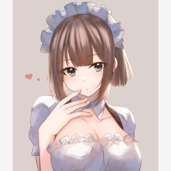 Rule 34 | 1girl, absurdres, breasts, brown background, brown hair, cleavage, closed mouth, commentary request, dress, grey background, grey eyes, hand up, heart, highres, hoshimiya aki, looking at viewer, maid, medium breasts, official art, original, puffy short sleeves, puffy sleeves, short sleeves, solo, two-tone background, upper body, white dress