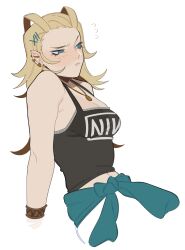 Rule 34 | 1girl, absurdres, alternate costume, antenna hair, aqua jacket, band shirt, black shirt, blonde hair, blue eyes, casual, closed mouth, clothes around waist, ear piercing, earrings, hair ornament, hair slicked back, hairclip, hand on ground, highres, jacket, jacket around waist, jewelry, kingdom hearts, larxene, leaning back, medium hair, merchandise, necklace, nine inch nails, piercing, porqueloin, shirt, simple background, solo, stud earrings, tank top, upper body, white background