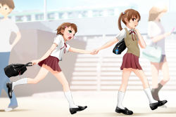 Rule 34 | 1boy, 1girl, bad id, bad pixiv id, bag, blush, brother and sister, brown eyes, brown hair, child, crossdressing, green eyes, hair bobbles, hair ornament, holding hands, looking back, open mouth, original, red eyes, school uniform, short hair, siblings, skirt, trap, twintails, walking, yuki18r