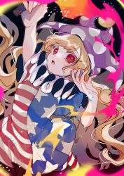 Rule 34 | 1girl, :o, american flag dress, american flag legwear, arm up, blonde hair, blush, clownpiece, commentary, fire, full body, hands up, hat, highres, jester cap, katai (nekoneko0720), long hair, looking at viewer, one-hour drawing challenge, polka dot headwear, puffy short sleeves, puffy sleeves, purple hat, red eyes, short sleeves, solo, swept bangs, tongue, touhou, very long hair