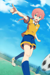 Rule 34 | blue eyes, harano, inazuma eleven, inazuma eleven (series), inazuma eleven go, kirino ranmaru, low twintails, male focus, open mouth, pink hair, pointing, running, soccer field, soccer uniform, solo, sportswear, twintails