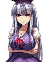 Rule 34 | 1girl, berabou, blue dress, blue hair, breast hold, breasts, cleavage, collarbone, crossed arms, dress, hat, huge breasts, kamishirasawa keine, large breasts, long hair, multicolored hair, puffy short sleeves, puffy sleeves, red eyes, short sleeves, silver hair, solo, touhou, two-tone hair, very long hair