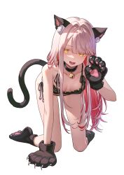 Rule 34 | 1girl, :d, absurdres, all fours, animal ears, animal hands, bell, black bra, black panties, bra, breasts, cat ears, cat tail, collar, fangs, gloves, highres, leon v, long hair, multicolored hair, neck bell, open mouth, original, panties, paw gloves, paw socks, pink hair, red hair, simple background, small breasts, smile, solo, tail, two-tone hair, underwear, underwear only, white background, yellow eyes