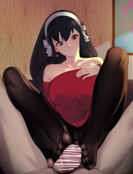 Rule 34 | 1boy, 1girl, absurdres, bar censor, black hair, black pantyhose, breasts, censored, dress, earrings, feet, footjob, gold earrings, hair down, hairband, hetero, highres, jewelry, large breasts, long hair, long sleeves, nail polish, off-shoulder sweater, off shoulder, pantyhose, penis, puk (higanbana doujin), red eyes, red nails, red sweater, solo focus, spy x family, sweater, sweater dress, white hairband, yor briar