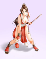 Rule 34 | 1girl, bare shoulders, breasts, brown eyes, brown hair, cleavage, closed mouth, commentary request, fatal fury, female focus, folded fan, folding fan, full body, gradient background, grey background, hand fan, highres, holding, holding fan, japanese clothes, large breasts, long hair, looking at viewer, matching hair/eyes, ninja, parted bangs, pelvic curtain, ponytail, revealing clothes, shadow, shiranui mai, simple background, sleeveless, smile, solo, standing, the king of fighters, thighs, x chitch