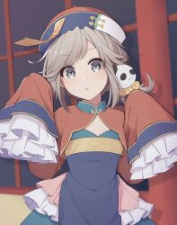 Rule 34 | 1girl, alternate costume, blush, chinese clothes, cleavage cutout, clothing cutout, commentary request, dress, flat chest, frilled dress, frills, grey eyes, grey hair, hair ornament, hands up, hat, hayamaro65, highres, jiangshi costume, long hair, long sleeves, looking at viewer, ofuda, open mouth, panda hair ornament, qingdai guanmao, red sleeves, rune factory, rune factory 4, sleeves past fingers, sleeves past wrists, solo, standing, swept bangs, wide sleeves, xiao pai