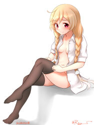 Rule 34 | 1girl, alternate breast size, arm warmers, black thighhighs, braid, breasts, cloud hair ornament, collared shirt, dated, dress shirt, dressing, full body, kantai collection, light brown hair, long hair, minegumo (kancolle), navel, one-hour drawing challenge, open clothes, open shirt, ray.s, red eyes, shirt, simple background, sitting, small breasts, solo, thighhighs, twin braids, twitter username, white background, white shirt