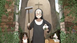 Rule 34 | 1girl, ^ ^, aged down, animal, animal on hand, bird, bird on hand, birdcage, blush, brick wall, cage, chicken, church, closed eyes, commentary, cross, crucifix, diva (hyxpk), dog, duck, english commentary, fig leaf, frog, glasses, grass, habit, hedge clippers, highres, holding, holding mop, leaf, little nuns (diva), map, mop, mother superior (diva), mouse (animal), nun, outdoors, pew, pillar, plant, ruins, smile, suitcase, traditional nun, vines