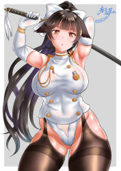 Rule 34 | 1girl, :o, arms up, azur lane, bad id, bad pixiv id, black hair, black thighhighs, blunt bangs, border, breasts, buttons, commentary request, contrapposto, covered navel, cowboy shot, dated, double-breasted, elbow gloves, floating hair, gloves, grey background, hair ribbon, high ponytail, highres, holding, holding sword, holding weapon, jacket, kasugano tobari, large breasts, leotard, long hair, looking at viewer, orange eyes, ponytail, ribbon, scabbard, sheath, sheathed, shiny skin, signature, simple background, skindentation, sleeveless, sleeveless jacket, solo, standing, sword, takao (azur lane), taut clothes, thick thighs, thighhighs, thighs, very long hair, weapon, white border, white gloves, white jacket, white leotard, white ribbon