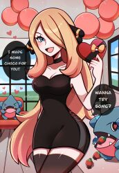 Rule 34 | 1girl, blonde hair, blue eyes, blush, breasts, candy, chocolate, chocolate heart, cleavage, creatures (company), cynthia (pokemon), food, game freak, gen 4 pokemon, gible, hair ornament, hair over one eye, heart, highres, holding, long hair, looking at viewer, medium breasts, nintendo, open mouth, pokemon, pokemon (creature), pokemon dppt, smile, touyarokii, valentine