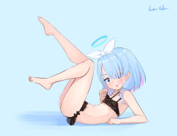 Rule 34 | 1girl, :p, arona (blue archive), bare arms, bare shoulders, barefoot, bikini, black bikini, blue archive, blue background, blue eyes, blue hair, blush, commentary, feet, flat chest, frilled bikini, frills, full body, hair over one eye, hair over shoulder, hairband, halo, highres, hirotaka0125, legs, legs up, light blue hair, looking at viewer, lying, medium hair, multicolored hair, on back, pink hair, signature, simple background, solo, swimsuit, tongue, tongue out, two-tone hair, white hairband