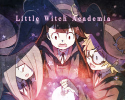 Rule 34 | 10s, 3girls, :d, :o, copyright name, d:, glasses, glowing, hair over one eye, hat, kagari atsuko, little witch academia, lotte jansson, multiple girls, murata muta, open mouth, smile, sucy manbavaran, witch, witch hat