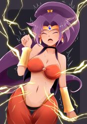 Rule 34 | 1girl, arano oki, bandeau, bare shoulders, breasts, cleavage, collarbone, earrings, electrocution, closed eyes, gauntlets, harem outfit, harem pants, high ponytail, highres, jewelry, large breasts, long hair, md5 mismatch, midriff, navel, open clothes, open mouth, open vest, pants, ponytail, purple hair, shantae, shantae (series), solo, sweat, tiara, trembling, very long hair, vest, wide hips