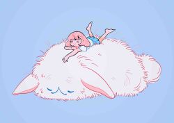 Rule 34 | 1girl, absurdres, barefoot, blue background, closed eyes, gradient background, highres, legs up, lying, medium hair, meyoco, no nose, on stomach, original, pink hair, rabbit, shirt, short sleeves, smile, solo, white shirt
