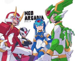 1girl 3boys armor blue_armor blue_eyes blue_helmet brother_and_sister brothers cowboy_shot crossed_arms energy_sword facial_mark fairy_leviathan_(mega_man) fighting_fefnir_(mega_man) fins forehead_jewel green_arm green_eyes green_helmet group_picture head_fins helmet hidden_phantom_(mega_man) holding holding_cannon holding_polearm holding_sword holding_weapon horns kuji-in mechanical_wings mega_man_(series) mega_man_zero_(series) multiple_boys ninja polearm purple_armor purple_eyes purple_helmet red_armor red_eyes red_helmet ringed_eyes sage_harpuia_(mega_man) shoulder_armor siblings simple_background spear sword twitter_username vani_(hisha_04) weapon white_background winged_helmet wings