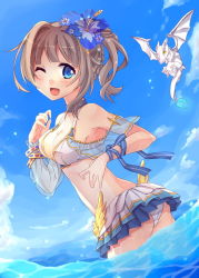 Rule 34 | 1girl, ass, asymmetrical sleeves, bare shoulders, blue eyes, blue sky, cleavage cutout, clothing cutout, cloud, crop top, day, dragon, ekuseria, flower, hair flower, hair ornament, halterneck, halterneck, light brown hair, looking at viewer, miniskirt, one eye closed, open mouth, oruto (ort+), panties, ponytail, see-through, shironeko project, skirt, sky, smile, solo, underwear, uneven sleeves, wading, water, white panties