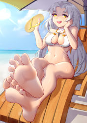 Rule 34 | 1girl, absurdres, barefoot, beach, bikini, breasts, chair, cleavage, dyamond, feet, flip-flops, foot focus, highres, holding, holding shoes, licking lips, long hair, looking at viewer, lounge chair, medium breasts, nail polish, open mouth, parasol, pink nails, sandals, shoes, unworn shoes, silver hair, single shoe, smell, soles, solo, sweat, swimsuit, toenail polish, toenails, toes, tongue, tongue out, umbrella, yellow eyes