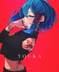 Rule 34 | 1girl, artist name, bare shoulders, black pants, black shirt, blue eyes, blue hair, blue nails, bracelet, clothing cutout, cowboy shot, earrings, fashion, from side, hair ribbon, half-closed eyes, hand on own chin, highres, jewelry, kq4ny, midriff, navel, original, pants, pink ribbon, red background, ribbon, ring, shirt, short hair, shoulder cutout, simple background, single sidelock, solo, tattoo, triangle earrings