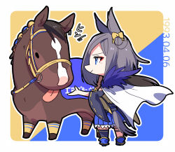 Rule 34 | 1girl, air groove (racehorse), air groove (umamusume), animal ears, birthday, black hair, blue eyes, blue skirt, bow, braid, bridle, cape, chibi, clothing cutout, commentary request, creature and personification, dated, ear bow, ear chain, eyeliner, fur trim, highres, horse ears, horse girl, horse tail, makeup, medium hair, outline, outside border, pleated skirt, race bib, real life, red eyeliner, ribbon-trimmed sleeves, ribbon trim, single thighhigh, skirt, tail, tail through clothes, takatsuki nato, thighhighs, tongue, tongue out, translation request, two-tone background, umamusume, white cape, wide sleeves, yellow bow