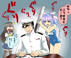 Rule 34 | 10s, 1boy, 2girls, adjusting eyewear, admiral (kancolle), blue hair, breasts, glasses, i-19 (kancolle), kanno takanori, kantai collection, large breasts, military, military uniform, multicolored hair, multiple girls, one-piece swimsuit, ooyodo (kancolle), personification, pink hair, red eyes, school swimsuit, swimsuit, thighhighs, torpedo, translated, troll face, two-tone hair, uniform
