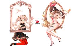 Rule 34 | 2girls, absurdres, animal ears, bird, black skirt, blue eyes, blush, boots, breasts, brown hair, character name, cleavage, d-pad, d-pad hair ornament, fake animal ears, green eyes, grey hair, hair ornament, hairband, hairclip, high heel boots, high heels, highres, kaguya luna, kh (kh 1128), kizuna ai, kizuna ai inc., kneeling, large breasts, looking at viewer, multicolored hair, multiple girls, navel, open mouth, pink hair, red legwear, short hair, short twintails, sitting, skirt, smile, the moon studio, thigh boots, thighhighs, trait connection, twintails, virtual youtuber, white footwear, white skirt, youtube