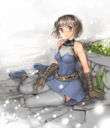 Rule 34 | 1girl, brown eyes, brown hair, garex, gloves, human (lineage 2), lineage, lineage 2, short hair, sitting, sleeveless, smile, solo, thighhighs