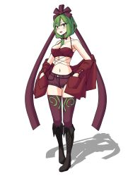 Rule 34 | 1girl, :d, absurdres, alternate costume, bigscaryartist1, boots, bra, breasts, brown footwear, cleavage, commentary, contrapposto, english commentary, front ponytail, full body, green eyes, green hair, hair ribbon, highres, jacket, unworn jacket, kagiyama hina, looking at viewer, medium breasts, medium hair, navel, open mouth, red bra, red jacket, red ribbon, red shorts, red thighhighs, ribbon, shadow, shorts, simple background, smile, solo, standing, thighhighs, touhou, underwear, white background