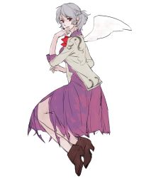 Rule 34 | 1girl, asakura noi, boots, breasts, dress, full body, grey hair, hand to own mouth, jacket, kishin sagume, looking at viewer, medium breasts, neck ribbon, open mouth, red eyes, ribbon, short hair, simple background, single wing, sketch, solo, touhou, white background, wings