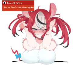 Rule 34 | 1girl, absurdres, ahoge, alternate breast size, animal ears, arms up, bare shoulders, black hair, blue eyes, blush, bow, breasts, cafelittle, chat log, cleavage, collarbone, english text, full-face blush, hair between eyes, hakos baelz, highres, hololive, hololive english, large breasts, meme, mouse ears, mouse tail, multicolored hair, one eye closed, red hair, shirt, solo, squinting, streaked hair, struggling, tail, tail bow, tail ornament, tearing up, twintails, upper body, virtual youtuber, white shirt
