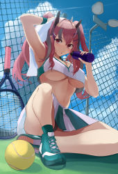 Rule 34 | 1girl, :o, absurdres, arm up, armpits, azur lane, ball, bare shoulders, black panties, blue sky, blush, bottle, breasts, bremerton (azur lane), bremerton (scorching-hot training) (azur lane), chain-link fence, cleavage, cloud, commentary request, crop top, crop top overhang, day, drying, drying hair, fence, from below, full body, green footwear, green skirt, green socks, grey hair, hair between eyes, hair intakes, hair ornament, hairclip, highres, holding, holding bottle, holding towel, large breasts, long hair, looking at viewer, maou (pixiv55083682), mole, mole under eye, multicolored hair, navel, official alternate costume, outdoors, panties, parted lips, partial commentary, pink eyes, pink hair, racket, shadow, shirt, shoes, sidelocks, sitting, skirt, sky, sleeveless, sleeveless shirt, sneakers, socks, solo, sportswear, stomach, streaked hair, tennis ball, tennis court, tennis racket, tennis uniform, towel, twintails, two-tone hair, two-tone shirt, two-tone skirt, underboob, underwear, water bottle, white shirt, white skirt, wristband, x hair ornament