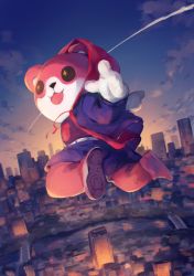 Rule 34 | + +, 1girl, :3, animal costume, bang dream!, bear costume, building, cityscape, commentary request, contrail, drawstring, hood, hooded jacket, jacket, jumping, long sleeves, looking at viewer, looking back, marvel, mascot costume, michelle (bang dream!), parody, red jacket, shoes, shorts, skyscraper, sneakers, solo, spider-man: into the spider-verse, spider-man (series), spider-verse, tamaki iori, twilight