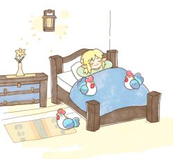 Rule 34 | 1boy, arms behind head, bird, blonde hair, blush stickers, carpet, check copyright, chicken, closed eyes, closed mouth, commentary request, copyright request, flower, green shirt, highres, indoors, lantern, light rays, link, long sleeves, low ponytail, lying, male focus, myonmo, nintendo, on back, plant, pointy ears, potted plant, shirt, short hair with long locks, sleeping, smile, solo, the legend of zelda, the legend of zelda: breath of the wild, under covers, upper body, white background, wooden floor, yellow flower