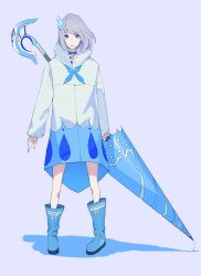 Rule 34 | 1girl, absurdres, bad id, bad pixiv id, blue choker, blue eyes, blue footwear, blue theme, boots, choker, dripping, full body, grey hair, highres, holding, holding lance, holding polearm, holding umbrella, holding weapon, lance, long sleeves, looking at viewer, original, panko (drive co), polearm, purple background, rubber boots, shadow, short hair, simple background, solo, standing, umbrella, weapon