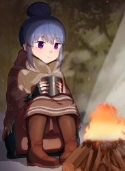 Rule 34 | 1girl, black gloves, blue hair, blurry, blurry background, boots, brown footwear, brown skirt, campfire, closed mouth, commentary, fingerless gloves, fire, gloves, hair between eyes, hair bun, highres, holding, hood, hood down, kamille (vcx68), knees up, light smile, log, long skirt, long sleeves, looking to the side, shima rin, single hair bun, sitting, skirt, solo, steam, winter clothes, yurucamp