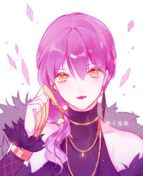 Rule 34 | 1girl, absurdres, evelynn (league of legends), fingernails, highres, jewelry, k/da (league of legends), k/da evelynn, league of legends, lipstick, long fingernails, looking at viewer, makeup, misononeko, necklace, purple hair, white background, yellow eyes